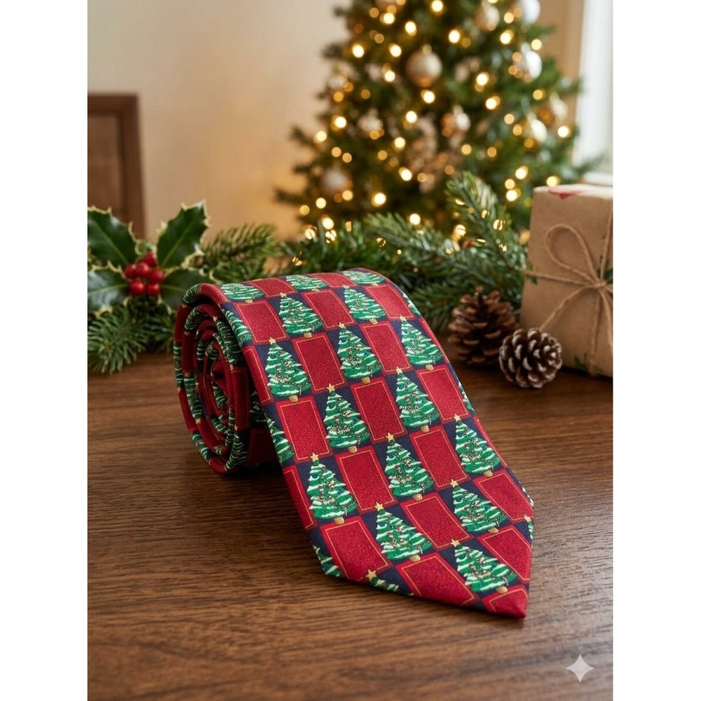 Holiday Traditions Hallmark Christmas Tree Necktie Mens Red Silk Novelty Tie